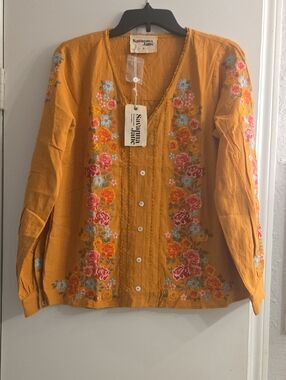 Savanna Jane Mustard Button-Front Top with White Buttons